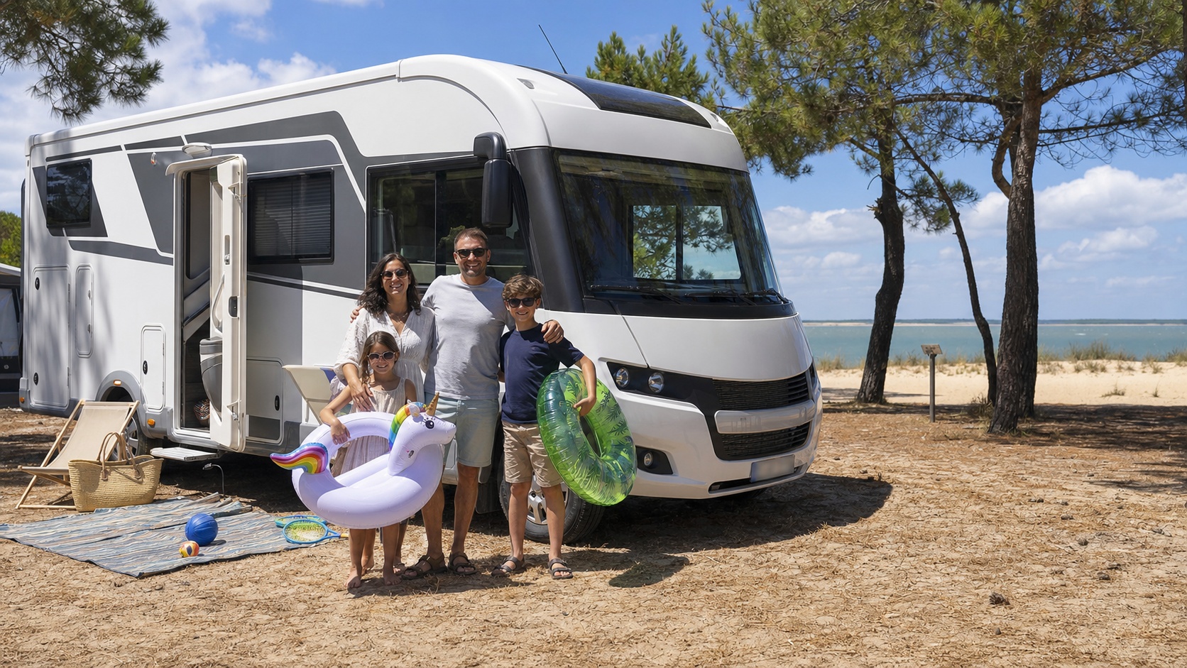 Tente et matériel sur un emplacement de camping, illustration de la préparation d’un séjour