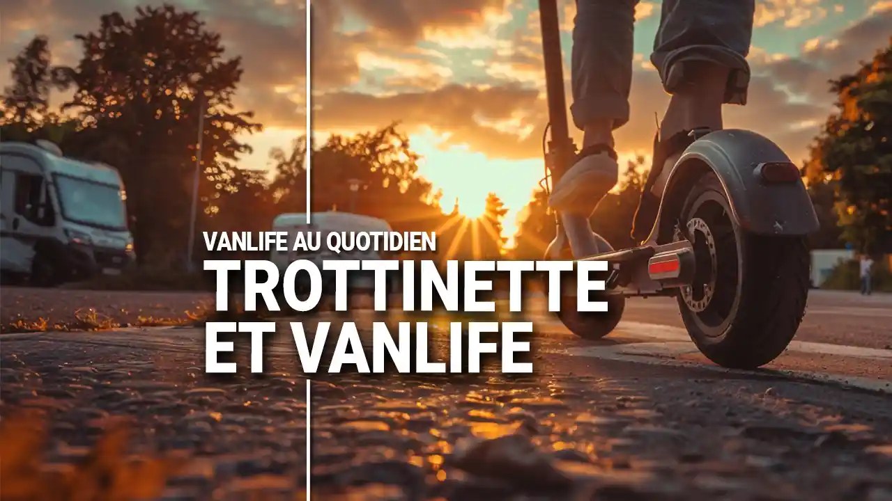 Trottinette électrique avec un casque posé sur le guidon, stationnée sur une allée de camping